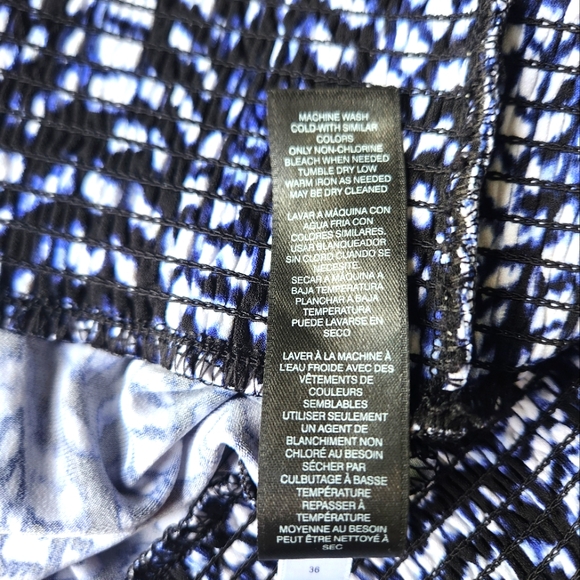 White House Black Market Blue, White, Black Tassel Tie Blouson Smock-Hem Top Lg - Picture 8 of 13